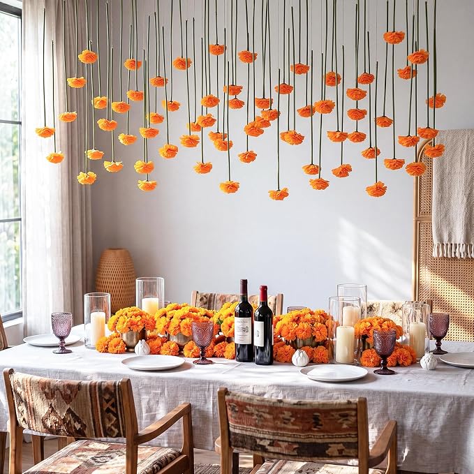 12 Pack 5 ft Artificial Marigold Flowers Hanging Garland Decorations Orange Marigold from Ceiling Dangling Faux Floral Vine Strings with Hook for Wall Autumn Party Day of the Dead Decor