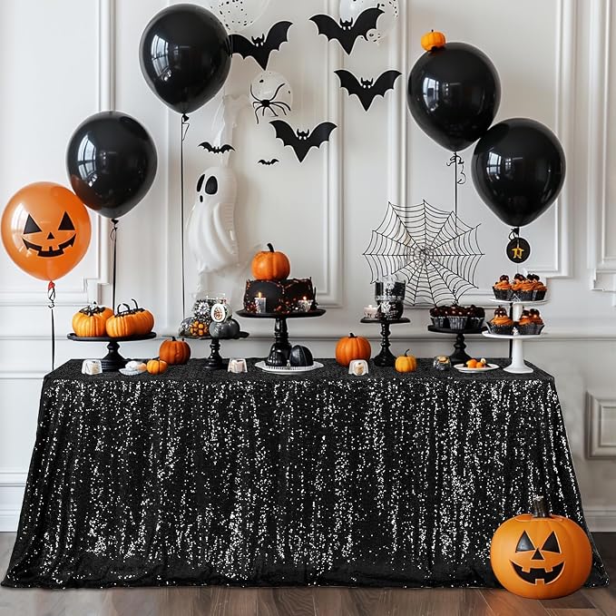 Poise3EHome Black Sequin Tablecloth,60×102 Inch Rectangle Sparkly Fabric Table Cloth for Halloween Birthday Wedding Party Holiday Decoration