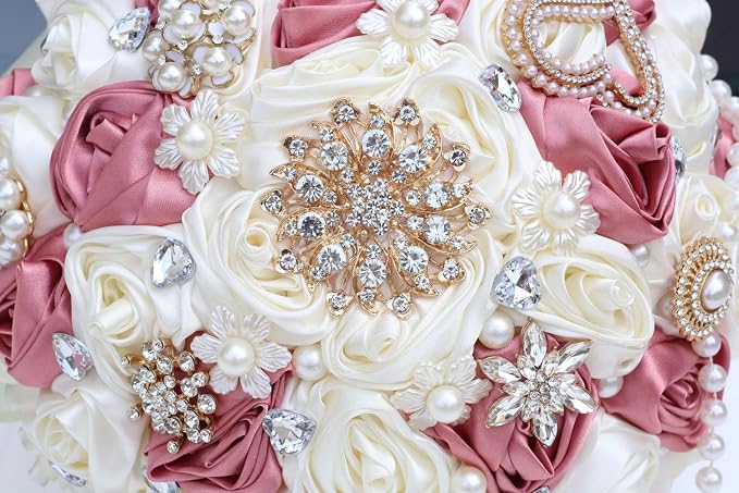 Dusty Pink Rose and Ivory Wedding Bouquet with Rhinestone Brooch Pearl String Satin Flower Cascade Bridal Bouquet for Bride Bridesmaid Quinceanera Wedding 6.3in