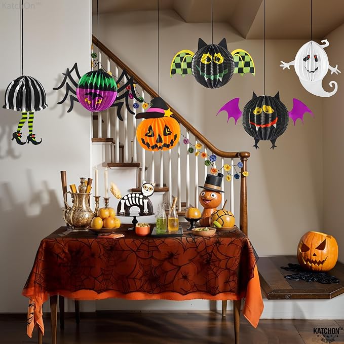 KatchOn, Hanging Halloween Decorations - Pack of 6 | Hanging Halloween Honeycombs for Halloween Ceiling Decorations | Halloween Hanging Bats, Pumpkin, Spider for Scary Halloween Decorations Indoor