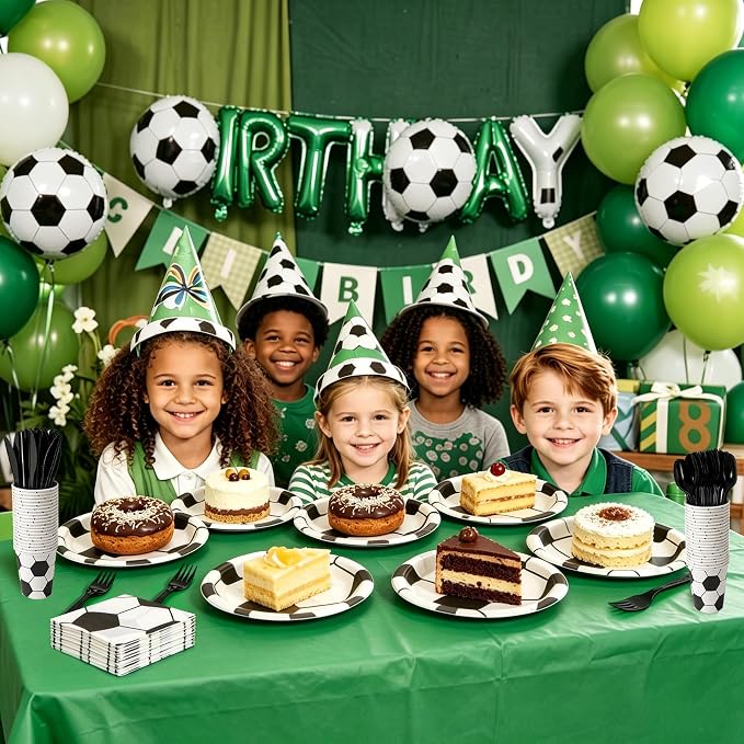 400 Pcs Disposable Soccer Party Tableware Set for 50 Guests | Heavy-Duty 7" & 9" Paper Plates, Cups, 13" Napkins & Plastic Cutlery for Game Day and Birthday Party Supplies