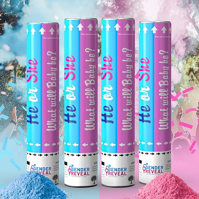 POPUPARTY 4 Pack Gender Reveal Confetti Powder Cannon | 2 Pink & 2 Blue - Confetti and Powder Poppers | Ideal for Baby Girl or Boy Gender Reveal Decoration