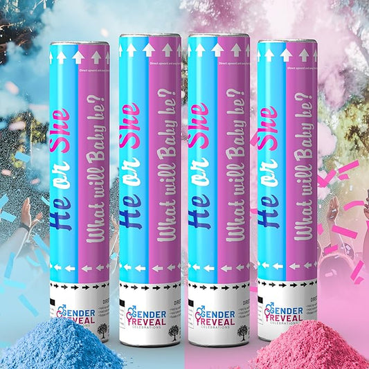 POPUPARTY 4 Pack Gender Reveal Confetti Powder Cannon | 2 Pink & 2 Blue - Confetti and Powder Poppers | Ideal for Baby Girl or Boy Gender Reveal Decoration