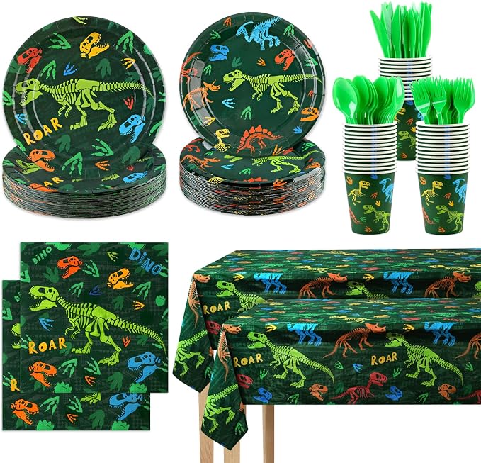 352pcs Dinosaur Birthday Party Decorations For Boys, Dinosaur Themes Birthday Party Supplies Serve 50 with Disposable Plates,Napkins,Cups,Cutlery Set, ,Tablecloth
