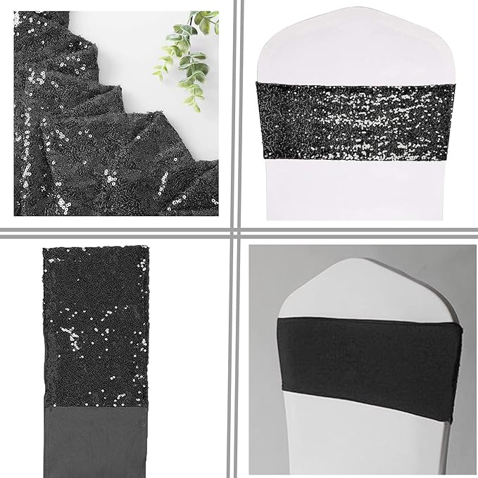 Pack of 50 Stretch Sequin Chair Sashes Chair Bands One-Sided Sequins Decor for Hotel Wedding Reception Events Party Chair Cover Decoration (Black)