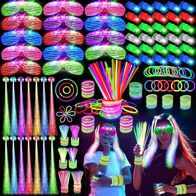 SHQDD 158 PCS Glow in the Dark Party Supplies, 14PCS LED Glasses, 30LED Finger Lights,14LED Light Hairs and 100PCS Glow Sticks Bracelets, Neon Party Favors for Wedding, Concert, 4th of july, Halloween