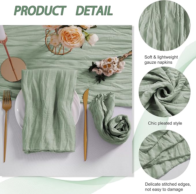 LZY 60 Pack Gauze Cheesecloth Napkins 20x20 Inch Dinner Cloth Napkins, Soft Boho Table Napkins Rustic Wrinkled Cheese Cloth Napkins Bulk for Wedding Party Baby Shower Event Decor (Sage Green)