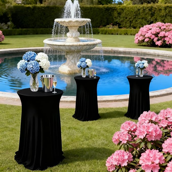 6 Pcs Black Spandex Stretch Round Cocktail Table Skirt, 32x43 Inch High Top Table Covers, Fitted Table Cloths for Wedding, Bar, Banquet, Party Decor & Event Supplies