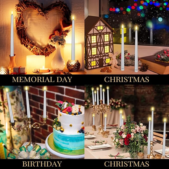 Macarrie 24 Packs Flameless Taper Candles Battery Operated Fake 11 Inch Long Candlelight LED Flameless Candlesticks Flickering Tapered for Summer Fall Wedding(Silver)