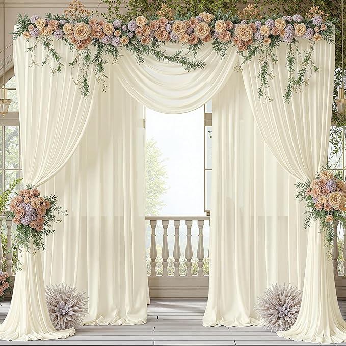 20ft x 10ft Ivory Backdrop Curtain Drapes, Wrinkle-Free Sheer Chiffon Fabric Photo Background Panels for Wedding Arch Party Ceremony Stage Photography Decorations