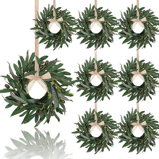 8 Pcs Artificial Green Olive Wreaths Greenery Wreath with Olive Leaves Mini Green Kitchen Cabinet Wreaths Swag Spring Summer Wreath for Front Door Porch Wall Window Farmhouse Wedding Decoration