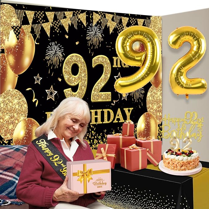 92nd Birthday Decorations Men Women with 92nd Birthday Banner, Black and Gold Table Cloth, Number Balloons, Large Sash, Cake Topper and Candles