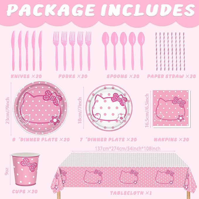 161PC Pink kittens Birthday Party Supplies Kit - Includes Pink Cat Dot Plates Napkins Cups Tablecloth Straws Forks Spoons Knives for Girls Party, Baby Shower, Cute Kattyy Decorations serve 20 Guests