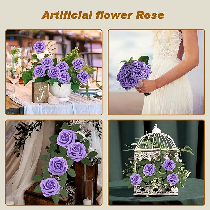 JOYLEX Artificial Flowers Realistic Roses, 50pcs Real Looking Fake Roses with Stem for DIY Wedding Bouquets Centerpieces Bridal Shower Party Home Romantic Decorations (50pcs, Purple)