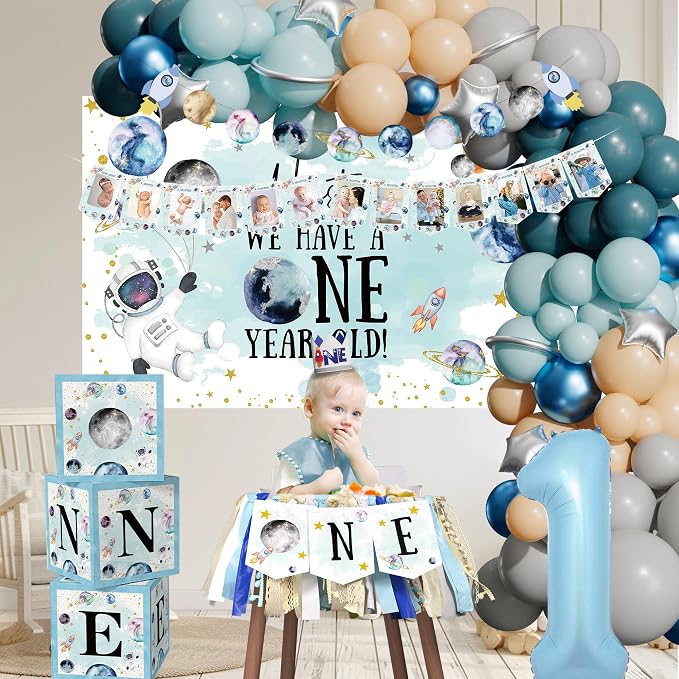 Space 1st Birthday Decorations - First Trip Around the Sun, Outer Space One Year Old Party Supplies Include Balloon Boxes, Backdrop, Balloon Arch, Highchair Banner