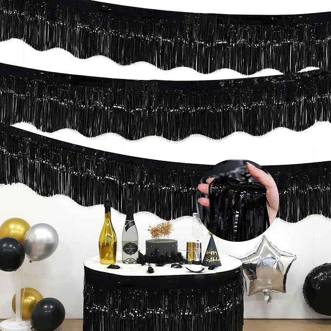 LOLStar Black Foil Fringe Tinsel Garland, Tinsel Streamers Banner, 6 Pack | 60Ft Tinsel Streamers, Shiny Black Wall Hanging Tinsel Fringe Banners for Bachelorette, Halloween, New Year Party Decor