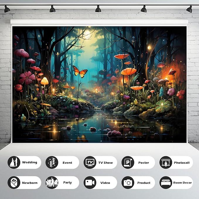 Fantasy Stream Backdrop Night Magical Forest Mushroom Tranquil Stream Photography Background Rainforest Jungle Tree Natural Landscape Backdrop Decors Luminous Mushroom Background Props 10x8ft