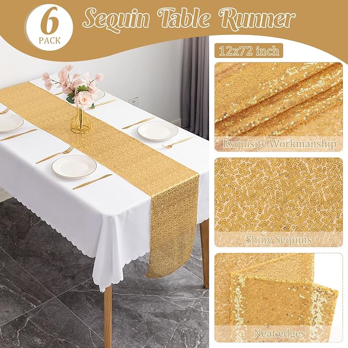 6 Pack Champagne Gold Sequin Table Runner 12" x 72" Sparkle Table Runner for Baby Bridal Shower Wedding Birthday Party Table Decor (Champagne Gold)
