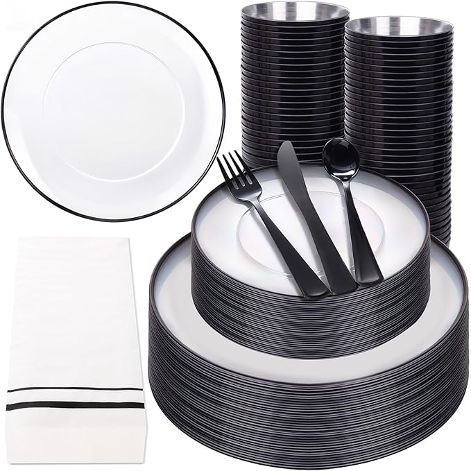 NOCCUR 350PCS Clear and Black Plastic Plates - Disposable Dinnerware Set for 50 Guests Include 100 Dinner/Dessert Plates,150 Black Cutlery,50 Cups&50 Napkins Ideal for Party/Birthday/New Year
