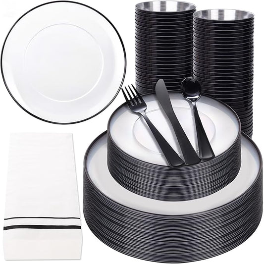 NOCCUR 350PCS Clear and Black Plastic Plates - Disposable Dinnerware Set for 50 Guests Include 100 Dinner/Dessert Plates,150 Black Cutlery,50 Cups&50 Napkins Ideal for Party/Birthday/New Year