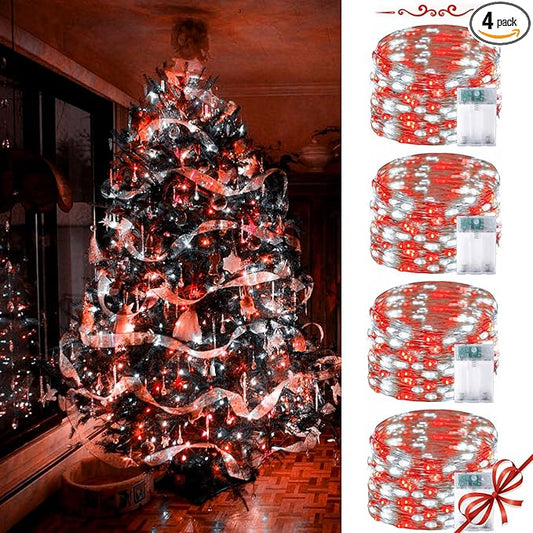 4 Pack 60 LED Fairy Lights Battery Operated with Timer, 20FT Waterproof String Lights Indoor Outdoor, Cuttable Battery Light for Bedroom Wedding DIY Centerpiece Christmas Decorations (Red and White)