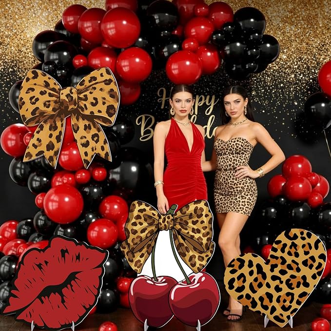 4 Pcs Large Red Cheetah Print Birthday Decoration, Y2k Leopard and Cherry Cardboard Cutout, Red and Black Cherry Cardboard Cutout Backdrop Yard Signs for Girls Women Birthday Party Supplies