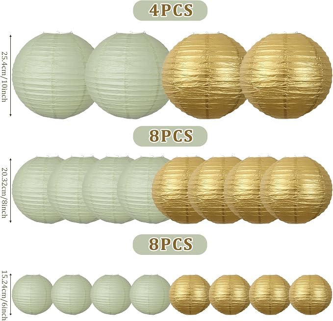 20Pcs Paper Lanterns Decorative, Sage Green and Gold Round Hanging Paper Lanterns Decorations for Rustic Party Bridal Shower Wedding Birthday Home Decor