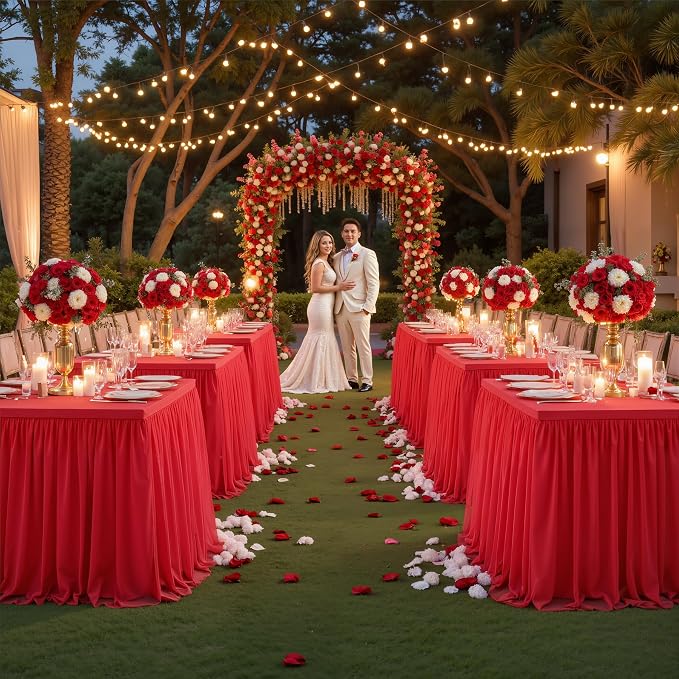 Red Tablecloth Rectangle 6 Foot Fitted Stretch Elastic Tulle Ruffle Tablecloths Rectangular Spandex Table Covers 6ft Birthday Baby Shower Wedding Party Table Cloths with Skirt 2Pack
