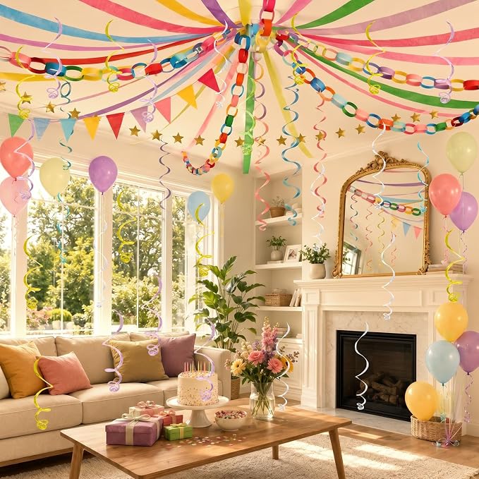 345pcs Colorful Birthday Decoration Fancy Paper Chains Crepe Paper Streamers Pennant Banner Flags Gold Star Garlands Hanging Swirls Pastel Balloons for Wedding Graduation Birthday Baby Shower Decors