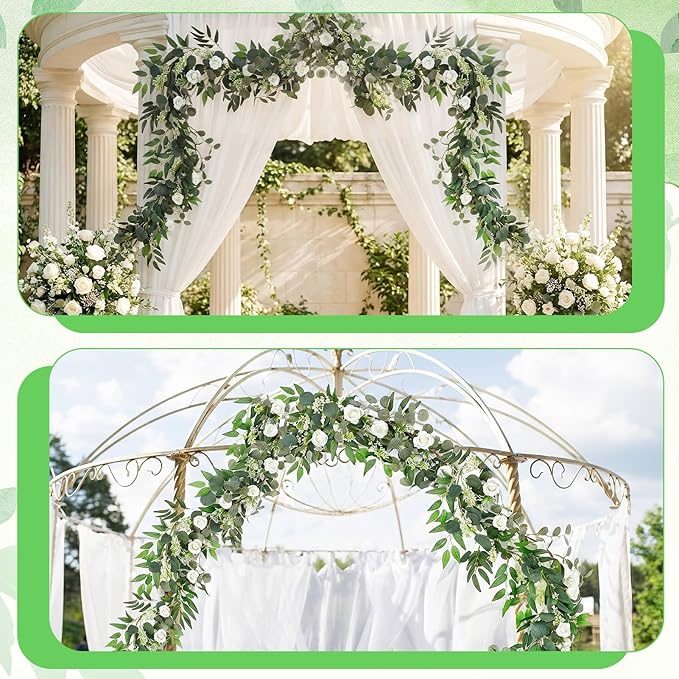 2 Pack Garland Set, 6 ft Artificial White Rose Eucalyptus Garland with Willow Leaf Vine, Summer Garland Faux Greenery Decor for Wedding Arch, Table and Home Decoration