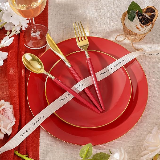 350 PCS Red Plastic Dinnerware Set, Red and Gold Rim Disposable Plates for Party, Include 100 Plates with 150 Plastic Cutlery, 50 Napkins and 50 Cups