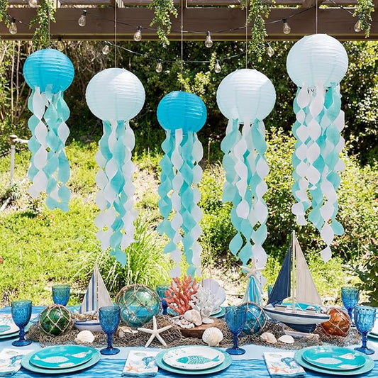 VioraWhite 21 Pcs Ocean Beach Birthday Party Decorations 6 Pcs 9.8'' Hanging Jellyfish Paper Lanterns 12 Resin Shell 2 Bubble Garlands for Nautical Under The Sea Mermaid Baby Shower Birthday Decor