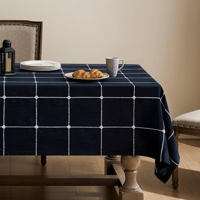 ZeeMart Grid Embroidered Hemmed Tablecloths, Navy 52x70 Inch, Farmhouse Style Heavy Weight Cotton Linen Navy Blue Tablecloths, Boho Plaid Water Resistant Rectangle Table Cloth