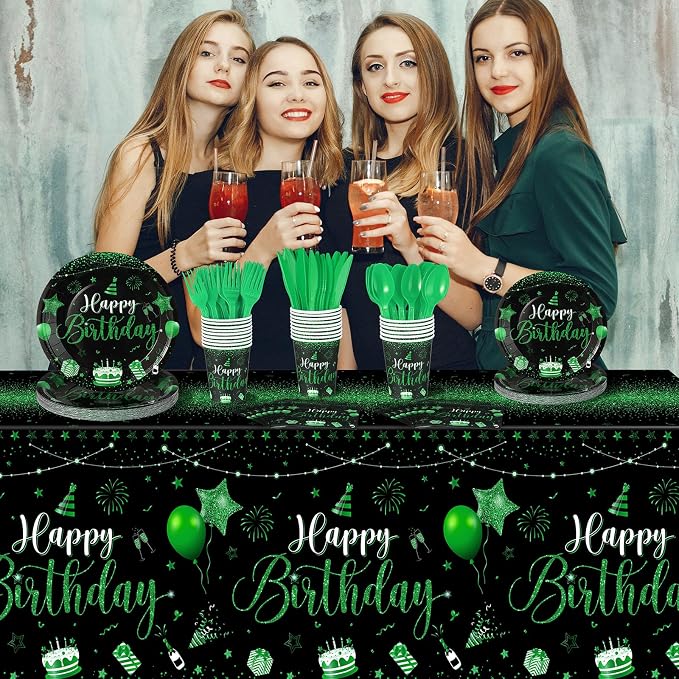 Vesici 171 Pcs Happy Birthday Party Supplies 24 Set Disposable Party Tableware include Plates Cups Napkins Cutlery and Banner Tablecloth Birthday Dinner Decorations for Men Woman(Black, Green)
