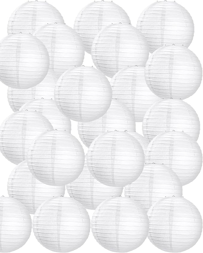 Treela 30 Pack White Chinese Japanese Paper Lanterns Decorative Hanging Round Paper Lantern Lamps for Wedding Birthday Party Decorations (8 Inch)
