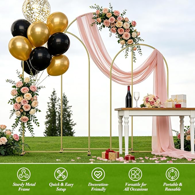 Metal Arch Backdrop Stand Set of 3 (6ft/6.6ft/7.2ft) - Gold Wedding Arch Frame for Ceremony, Birthday, Baby Shower & Party Decor, Ideal for Balloons, Flowers & Photo Shoots Indoor Outdoor