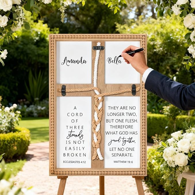 Farmhouse A Cord of Three Strands Wedding Ceremony Sign with Wooden Bead and Hanging Hook, Vintage Rustic Wood Unity Cross for Wedding Ceremony, 11 X 15 Religious Christian Wall Decor Gift for Couple