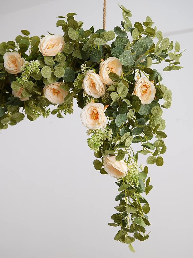 PARTY JOY 2pcs 6.56ft Eucalyptus Garland with Flowers-8 Champagne Roses-Lush,Natural Looking, Floral Garland Greenery for Party Wedding Table Indoor Outdoor Backdrop Wall Decor（Champagne）