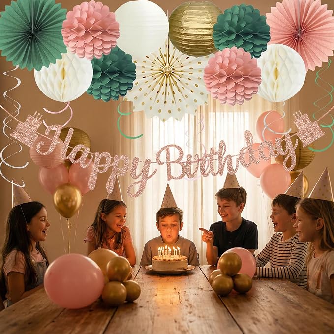 Pink Sage Green Birthday Party Decorations, Happy Birthday Banner with Honeycomb Balls, Paper Flowers, Fans, Lanterns, Circle Garland for Boys Girls, 1st Birthday, Garden Party Decor 19pcs