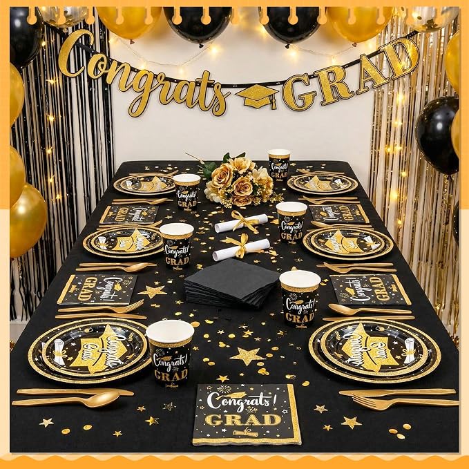 Domensi 400 Pcs 2026 Graduation Decorations Plates and Napkins and Cups Set Serve 50, Black and Gold Graduation Party Supplies, Class of 2026 Paper Tableware 9oz Cup Knife Fork Spoon Congrats Grad