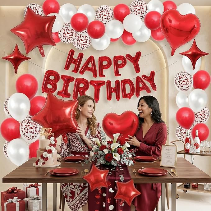 Red White Birthday Decorations for Women Girls Dark Red Metallic Pearl Whte Confetti Party Balloon Happy Birthday Banner Heart Foil Balloons 18/10 Inch Star Balloons for Bday Party Supplies