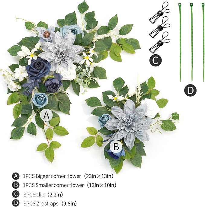 Wedding Decor (Pack of 2) Welcome Sign Flower Backdrop Garland for Ceremony Reception Wall Easel Home Decoration Entryway Faux Outdoor Board Head Table Decor (Dusty Blue & Navy)