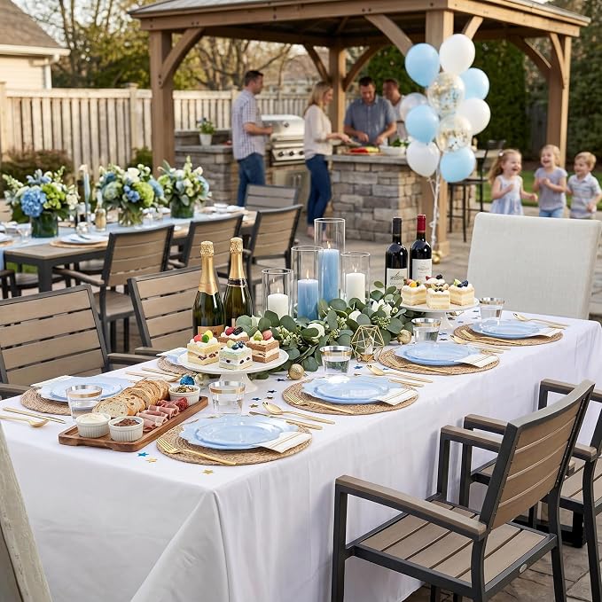 WDF 175Pcs Blue Plastic Plates - Heavy Duty Baby Blue Plates Disposable - 25Guests Plastic Dinnerware Ideal for Parties/Wedding/Baby Shower/Spring/First Communion/Father‘s Day