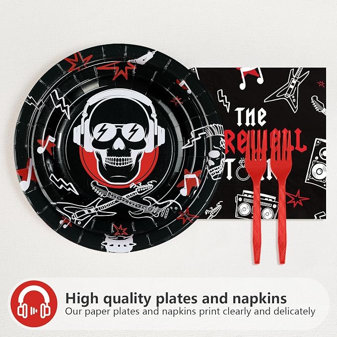 96Pcs Rock and Roll Party Decorations He Put A Rock On It Plates and Napkins Rock N Roll Tableware Sets for Boys Girls Bachelor Rockstar Guitar Music Theme Born to Rock Party Decorations Supplies