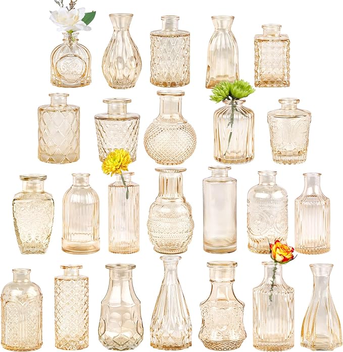 TBWIND Glass Bud Vase Set of 24, Small Amber Flower Vases for Centerpieces in Bulk, Mini Vintage Vase for Wedding Decor, and Home Table Décor