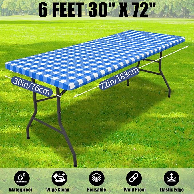 Smiry Picnic Table Cloth 4 Pack, Waterproof Elastic Fitted Tablecloths for 6FT Rectangle Tables, Washable Polyester Buffalo Plaid Tablecloth for Camping, Dining & Outdoor (Blue & White, 30" x 72")