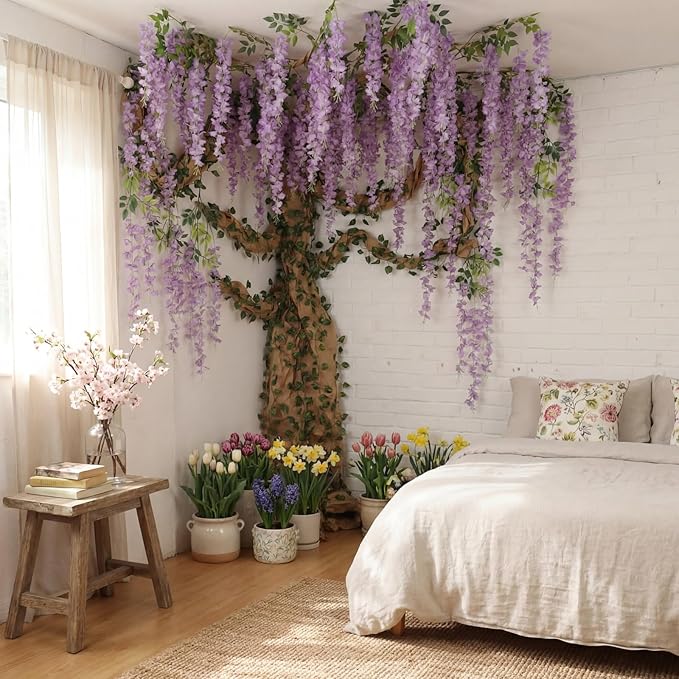 XunYee 3D Wisteria Tree Wall Decor for Room Classroom Ceiling Artificial Wisteria Hanging Flowers DIY Cardboard Paper Tree with Green Vine Kraft Paper Fairy Bulletin Board Decorations(Purple)