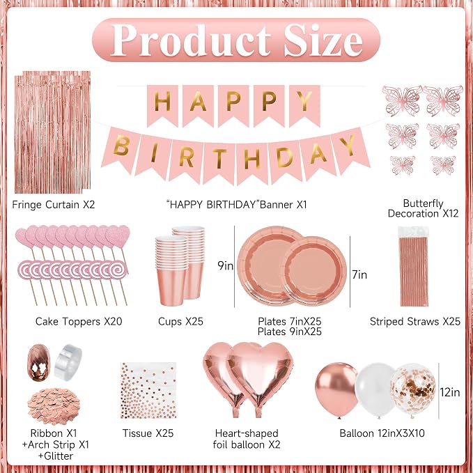 Rose Gold Butterfly Birthday Decorations Kit, All in One Pink Happy Birthday Banner Fringe Curtain Heart Foil Balloons Tableware Set, Girls Women Birthday Party Supplies Backdrop Decor