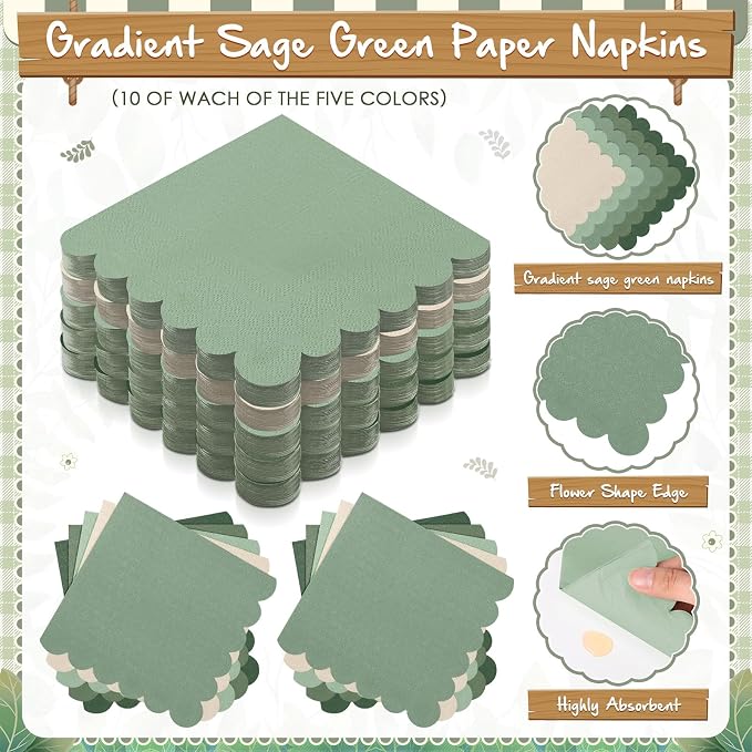 Zhehao 150 Pcs Sage Green Plates and Napkins Tableware Serves 50 Includes 9 Inch 7 Inch Green Scalloped Edges Paper Plate and Napkins for Wedding Birthday Baby Shower Party