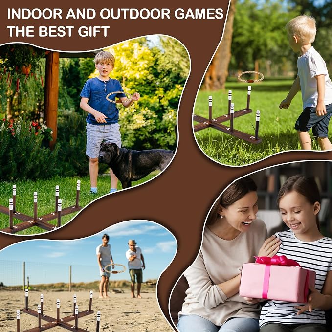 Ring Toss Game for Kids & Adults, Outdoor Yard Games for Adults and Family, Premium Ring Game with 6/10 Rope Rings & Carrying Bag, Perfect for Lawn, Backyard, Beach, Camping